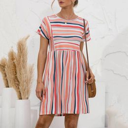 Casual Dresses European And American Style Female For Teens Girls Summer Sexy O-Neck Striped Button Mini Dress Clothing