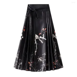 Skirts Vintage Women Skirt High Waist Elegant Flower Bird Print Hanfu Pleated Lace-up Horse Face Female 2024