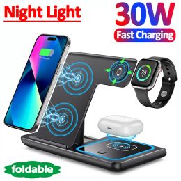 Chargers 30W 3 in 1 Wireless Charger Stand For iPhone 14 13 12 11 Apple Watch Airpods Pro iWatch 8 7 Fast Charging Dock Station Foldable