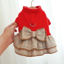 Dresses Autumn Winter Red Plaid Skirt Fashionable Harness Puppy Dress Small Dog Clothes Easy Clean Easy Clean Chihuahua Yorkshire Dress