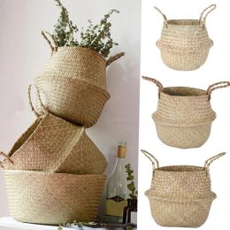 Baskets Seagrass Wicker Basket Work Rattan Basket Hanging Planting Flower Pot Storage Laundry Basket Household Organizer Garden Planters