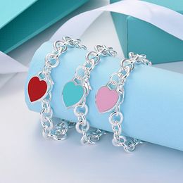 Designer Charm Bracelets Enamel Blue Pink Love Heart Bracelet CNC Steel Printed Letter Heart Tag Thick Chain Couple Bracelet