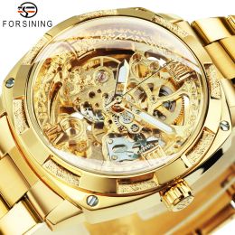 Watches Forsining Transparent Skeleton Gold Watch for Men Mechanical Wristwatches 2021 Vintage Engraved Automatic Watches Mens Steel