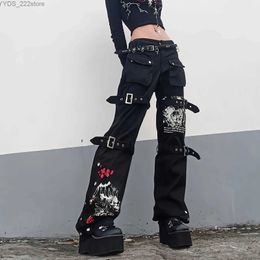 Women's Jeans American punk style black jeans womens summer street clothing graffiti merchandise pants metal buckle fashionable straight flash pants yq240423