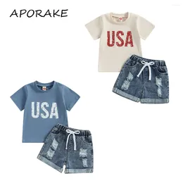 Clothing Sets 2024 0-3Y 4th Of July Baby Boy Girl Clothes USA Print Short Sleeve T Shirt Ripped Denim Shorts Sister Brother Matching Outfits