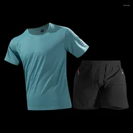 Men's Tracksuits Summer Sports Casual Ice Silk Thin Set Loose Round Neck T-shirt Elastic Waist Drawstring Pocket Lightweight Quick Drying