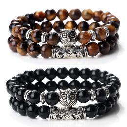 Strands Fashion Natural Stone Beads Bracelet For Men Classic Owl Beaded Black Lava Onyx Beads Charm Bracelets Women Jewellery Couples Gift