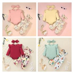 Sets Baby Girl Clothes Set Long Sleeve Rompers+Pant Floral Print+Headband 3pcs Toddler Outfit 336M 2021 Fall New Born Clothing Pink