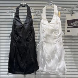 Casual Dresses 2024 Summer Niche Socialite Feather Tassel Pendant Design Satin Halter Dress For Women Sexy Backless