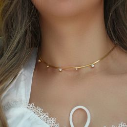 Necklaces 18k Gold Plated Small CZ Charm Choker Herringbone Chain Crystal Beads Pendant Necklace Dainty Jewelry for Women 16''