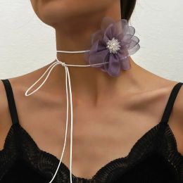 Necklaces Lace Chiffon Flower One The Neck Decoration Women's Long Rope Chain Flower Choker Necklace Fancy 2023 New Party Neck Jewellery