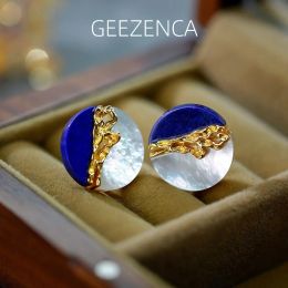 Earrings GEEZENCA S925 Silver Lapis Lazuli White Mother of Pearl Round Earrings For Women Simple Geometric Chic Earring 2023 New Gift