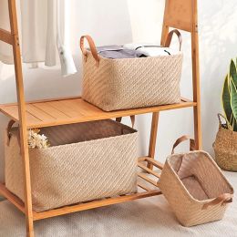 Baskets 2pcs Woven Storage Baskets Foldable Storage Box with Handle Book Sundries Clothes Oragnizer Closet Organizer Large Woven Basket