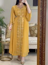 Ethnic Clothing 2024 Spring Summer Women Long Maxi Loose Dress Middle East Embroidered Seam Diamond Kraft Tan Robe Evening Gown