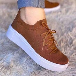 Casual Shoes 2024 Spring And Autumn Thick Sole Mid Heel Round Toe Lace Up Flying Knit Women's Large Size Elastic White