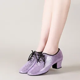 Dance Shoes Shiny Purple Cowhide Latin Female Teacher Ballroom Sneakers Trend Square Modern Comfortable