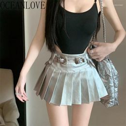 Skirts OCEANLOVE Y2k Silver For Women Pleated Vintage PU Korean Fashion Faldas Mujer High Waist Sexy Mini Skirt