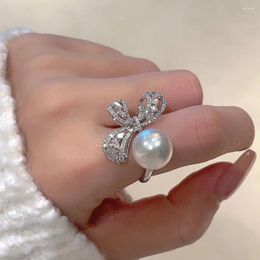 Cluster Rings Natural Pearl INS Luxury Bling 5A Zircon Diamonds Bowknot For Women Index Finger Bands Fine Jewellery Gifts Trendy Accessory
