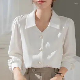 Women's Blouses White Satin Button Up Shirt Women 2024 Spring Fashion Long Sleeve Turn-down Collar Woman Elegant Chic French Business Top