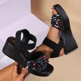 Dress Shoes 2024 Large Size Wedged Sandals Women's Summer Thick Soles Elastic Set Foot Fish Mouth Fashion Sequins Platform