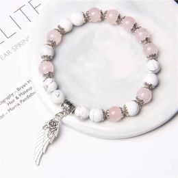 Strands Handmade Silver Color Rose Angel Wing Pendant Bracelet Natural Pink Quartz Crystal Beads Charm Bracelet Women Romantic Jewelry
