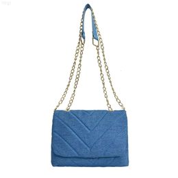 2024 New Embroidered V-grid Korean Denim Blue Trendy Shoulder Bag Retro Fashion Cross Body Bag