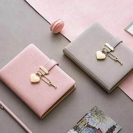 Cute Diary With Heart Lock Key PU Leather Notebook School Supplies Lockable Password Writing Pads Girls Gift Korean Stationery