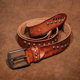 head leather belt rivet decorative needle buckle belt hand sewn men's trouser belt 240315