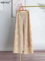 Dżinsowe dżinsy koronkowe hlgh talia o szerokich nogawkach do kostki Strtwear Women Korean Fashion Elegancka Mantnes Casual Worbgy Proste Spodle Y240422