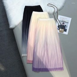 Skirts Elastic Waist Mesh Long Tulle Skirt Spring Summer Elegant Vintage High Pleated Gradient Ball Gown Gauze Tutu 2024