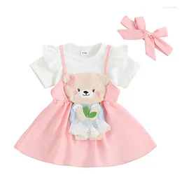 Clothing Sets Infant Girl Spring Summer Clothes Sleeve Romper Top Suspender Skirt Headband 3Pcs Set Baby Bear Embroidery