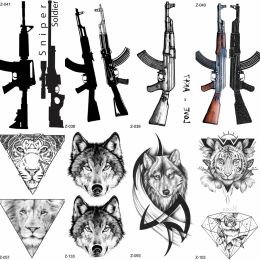 Machine YURAN Black Rifle Gun Temporary Tattoo Stickers Women Sniper Waterproof Tatoo AK AKM M4 Soldier Men Wrist Fake Tattoo Wolf Totem