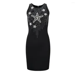 Casual Dresses 2024 Summer Sleevless Heavymade Stars Pattern Rhinestone Beaded Sparking Women Mini Knitting Dress