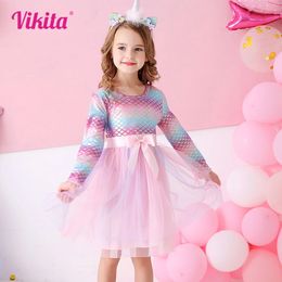 VIKITA Kids Girls Princess Dress Bow Tutu for Toddlers Birthday Party Vestido Infantil Children Cotton Clothes 240420