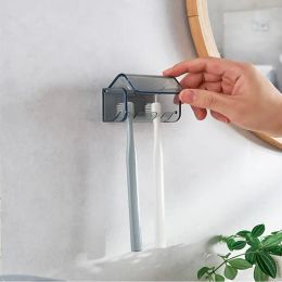 Heads Dustproof Wall Mounted Toothbrush Holder with Cover 2 Slots Self Adhesive Toothbrush Storage Organiser for Shower Bathroom