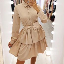 Casual Dresses Spring Single-breasted Commute Shirt Dress Elegant Solid Color Long Sleeve A-line Women Lapel Layered Cake Short