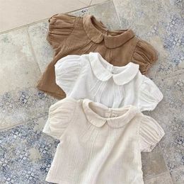 Barnskjortor 2023 Sommarn New Baby Girl Solid Puff Sleeve Cotton Spädbarn Kort t Småbarn Casual Lapel Clothes H240423