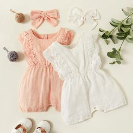 One-Pieces Baby Girl Solid Cotton Romper with Headband