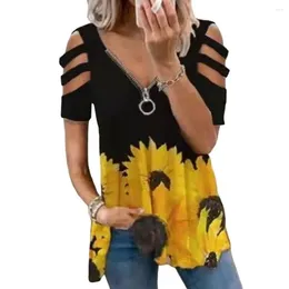 Women's Blouses Soft Stretchy Women Top Stylish Summer T-shirt Collection Zipper V-neck Cold Shoulder Tee Loose Fit Vacation For