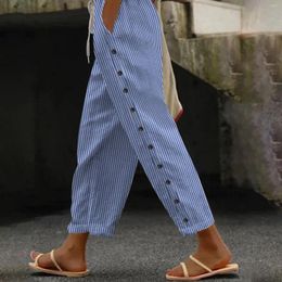 Women's Pants Casual Summer Breathable Striped Drawstring Pocket Side Buckle Trousers Formal Work Bottom For Womens Office