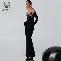 Casual Dresses MSMUSI 2024 Fashion Women Sexy Strap Beading Bandage Sleeveless Hollow Out Backless Bodycon Party Club Maxi Dress Long Gown