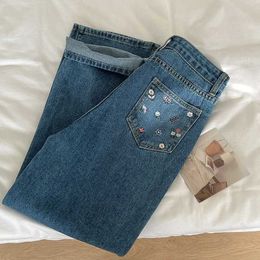 Kvinnors jeans blomma broderi vintage hög midja jeans 2023 vårens höst ny kvinnor mode lösa breda ben rak denim byxor y240422