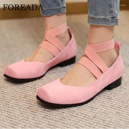 Dress Shoes FOREADA Women Mary Janes Pumps Square Toe Thick Low Heels Cross Strap Concise Ladies Fashion Spring Autumn Blue White 46