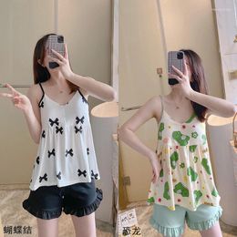 Women's Sleepwear Knitted Cotton Pajamas Cartoon Printing Sexy Cute Summer Ladies Suspenders Shorts Suit Sweet Girl 2024 Home Wear