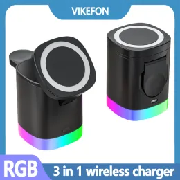 Chargers 3 in 1 Magnetic Wireless Charger Stand RGB Light Phone Fast Charging Station For iPhone 15 14 13 12 Pro Max AirPods iWatch 8 7 6