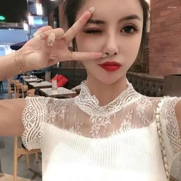 Women's T Shirts Woman TShirts Stand-up Collar & Lace Sleeve Knitted 2024 Summer T-shirt Crop Top Mujer Camisetas
