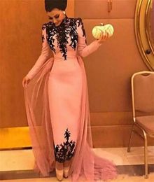 Vintage High Neck Ankle Length Sheath Evening Dresses with Long Sleeves black Lace Appliques Prom Dresses Formal gowns Vestidos Lo9075284