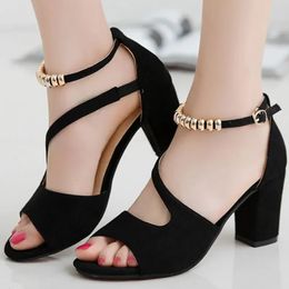 2024 Spring Summer Sexy Fish Mouth Hollow Roman Sandals Thick With Word Beaded High Heels Female 240417