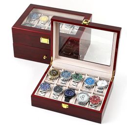 23561012 Slots Watch Box Organizer Piano With Red Paint Wooden Jewelry Storage Case Men Glass Top Watches Display Boxes 240412