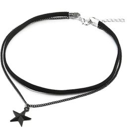 Necklaces Ladies Womens TwoRows Black Choker Necklace with Black Chain and Pentagram Star Charm Pendant Multilayer Collar Necklace